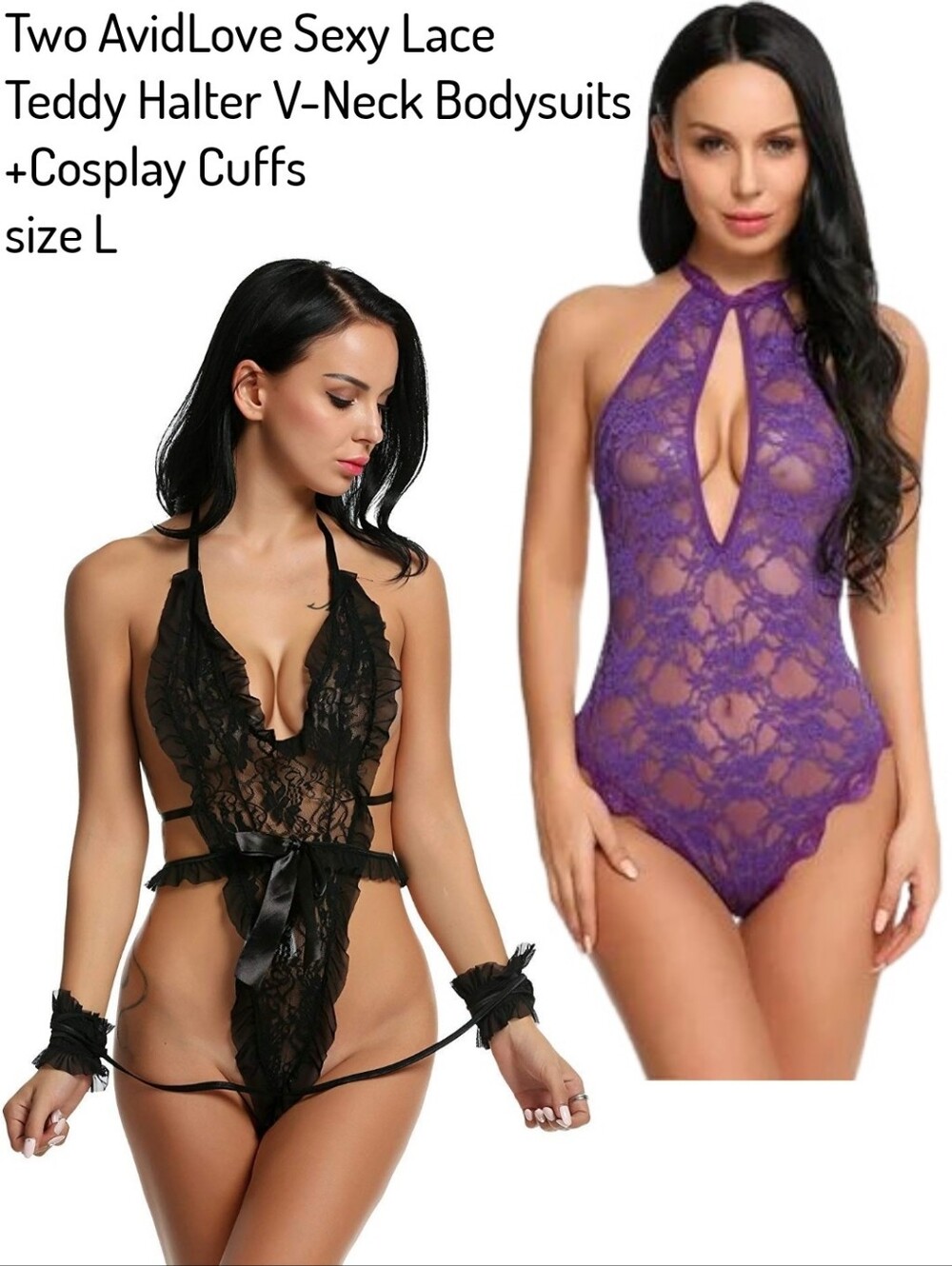 Two AvidLove Sexy Lace Teddy Halter V-Neck Bodysuits Cosplay Cuffs L